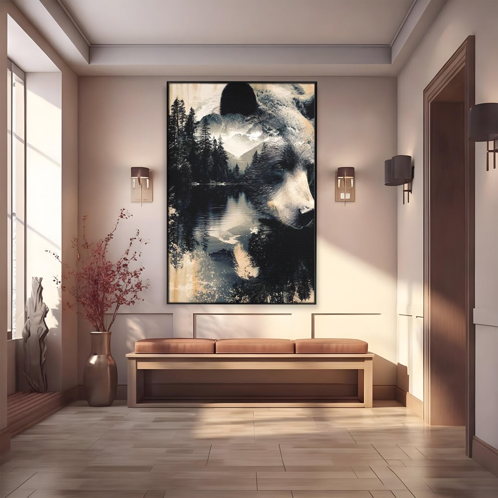 Tablou canvas cu tablou canvas cu urs si peisaj montan, in rama de aluminiu negru